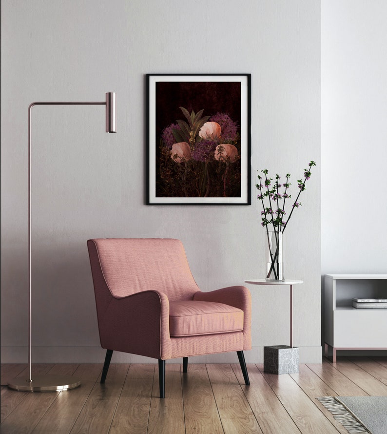 Black Flower Print Floral Printable Roses Wall Art Dark Etsy