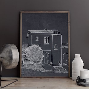Architecture print, black background art, architectural drawings, dark wall art, architecture art, house print, sketch architecture