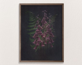Dark Floral Print: Purple Bellflowers, Fern, Moody Botanical Art (Digital Download)