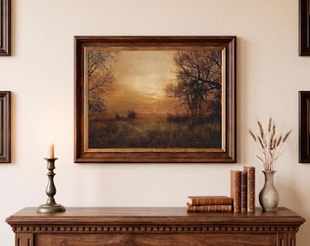 Autumn Sunrise Landscape Painting, Rustic Fall Art Print, Countryside Nature Print, Digital Download