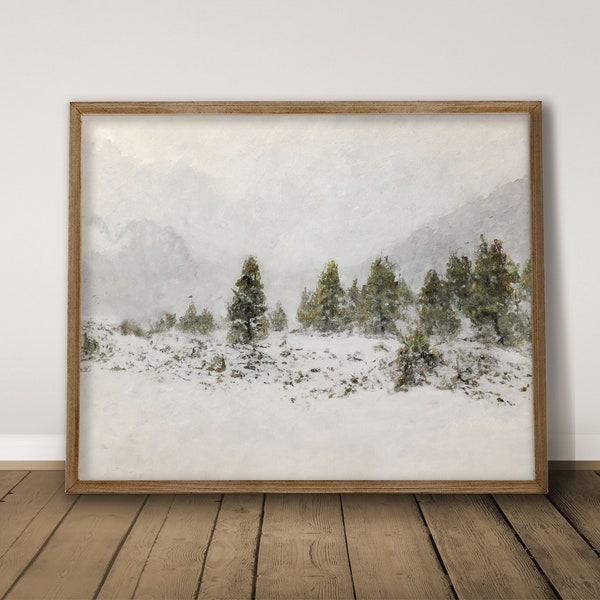 Winter pine forest christmas painting, snowy wall art, rustic winter painting, digital prints, snowy mountains art, neutral muted home decor