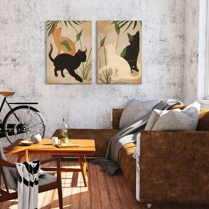 Abstract Cat Art Black Cat Print Set of 2 Wall Art Boho Art Etsy