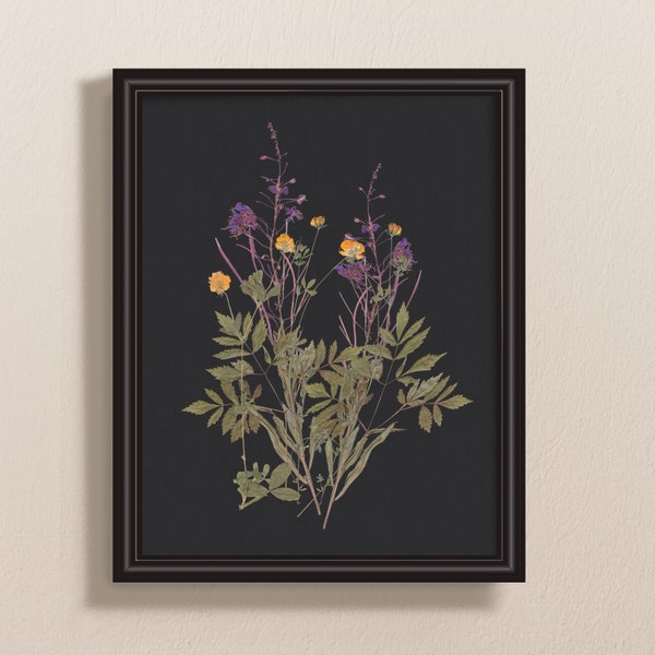 Wildflower print, dark academia decor, pressed flower art, dried flower art, black botanical print, dark wall art, digital prints poster