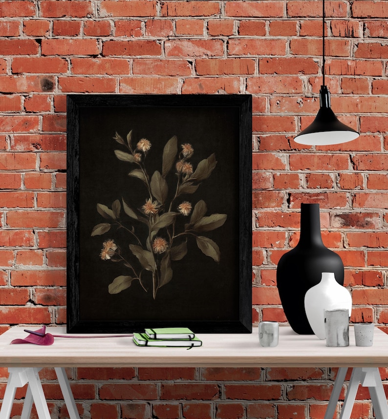 K&ouml;nnte beinhalten: Ein gerahmter botanischer Druck einer wei&szlig;en Blume mit gr&uuml;nen Bl&auml;ttern auf schwarzem Hintergrund. Der Druck h&auml;ngt an einer roten Backsteinwand.