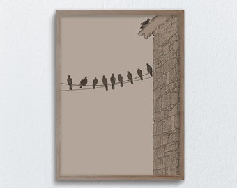Impression d'oiseau minimaliste, oiseaux sur un fil imprimé, impressions numériques d'oiseaux, impression neutre, croquis d'oiseau, impression noire et beige, impression d'art téléchargeable