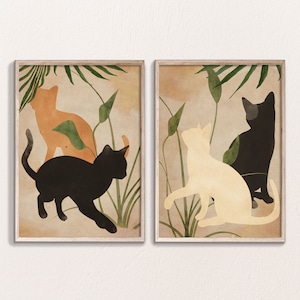 Arte abstracto de gato, impresión de gato negro, juego de 2 impresiones de arte de pared, impresiones de arte bohemio, imprimible de gato negro, arte de pared negro, póster de gato, juego de 2 impresiones boho