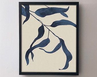 Blue Botanical Wall Art, Navy Leaf Print, Minimalist Leaves Poster, Digital Download