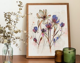 Blue Wildflower Watercolor Print, Botanical Wall Art, Minimalist Floral Decor, Soft Blue Flower Poster, Digital Download
