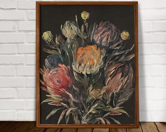 ダークフローラルボタニカルプリント：ムーディな抽象花アート（デジタルプリント）
