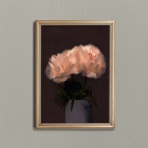 Impressão artística de peônia floral escura: fundo preto sombrio (download digital)