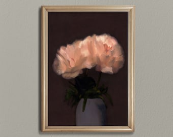 Dark Floral Peony Art Print: Moody Black Background (Digital Download)