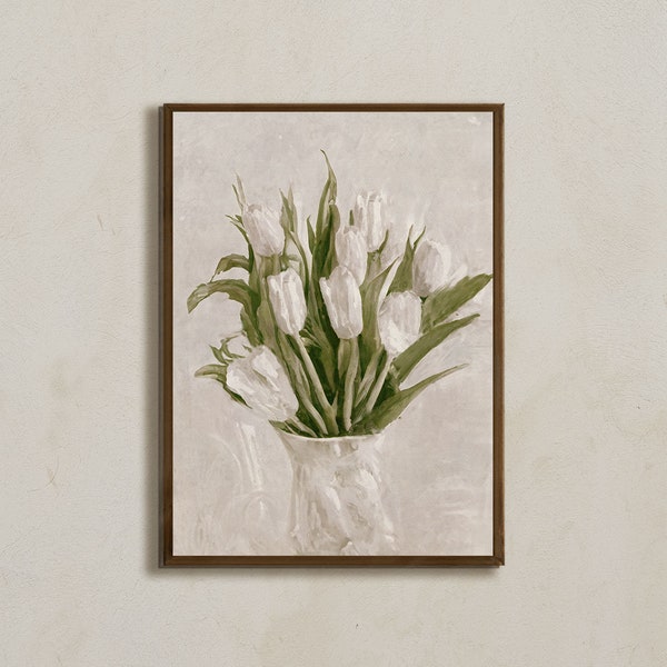 Impression de tulipe blanche, peinture florale neutre de nature morte, affiche de fleur, art mural de tulipe, impression botanique, impression de fleur dans un vase, affiche vintage