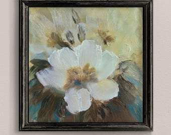白い花の印象派絵画、ヴィンテージ植物画、ファームハウス風ウォールアート（デジタルダウンロード）