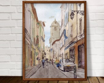 Vintage Cityscape Watercolor Print: Neutral Beige Wall Art (Digital Download)