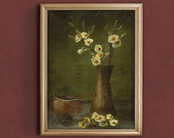 Farmhouse flower print, white flower vase painting, dark botanical art, vintage muted floral poster, digital prints, antique botanical print