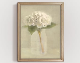 White Hydrangea Wall Art, Neutral Floral Botanical Poster, Vintage Flower Print, Farmhouse Wall Decor, Digital Prints