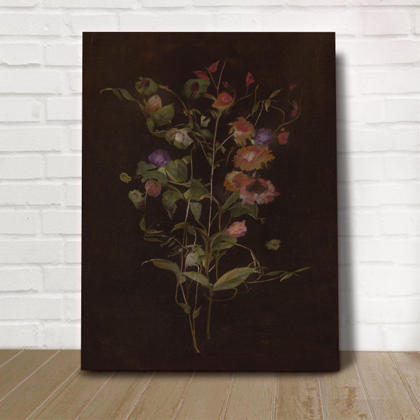 Dark botanical art print, downloadable prints, wildflower poster, dark academia decor, moody wall art, flower painting, black floral art