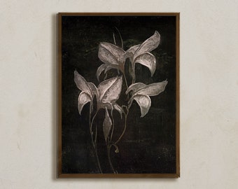 Black and white flower print, vintage lily wall art, black background, dark botanical painting, vintage dark floral wall art, digital prints