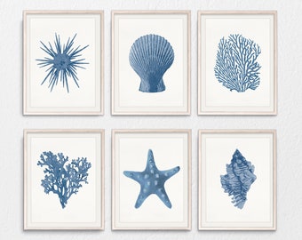 Blue coral print, shell print, nautical art prints, coastal poster, indigo printables, set of 6 prints, beach house print, starfish wall art
