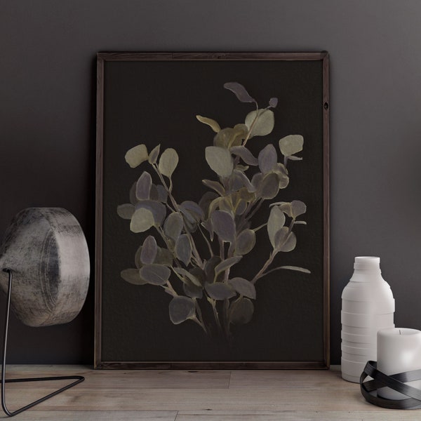 Eucalyptus print art, black leaves prints, dark floral wall art, botanical print, downloadable prints, botanical poster, botanical printable