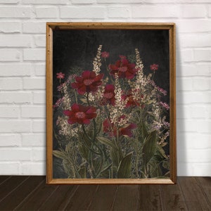 Wildblumen Druck, dunkle botanische Drucke, stimmungsvolle Wandkunst, roter Blumendruck, Kräuter Aquarell, Blumenmalerei Poster