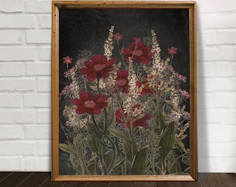 Vintage Dark Botanical Print, Wildflower Wall Art, Dark Academia Decor, Digital Download