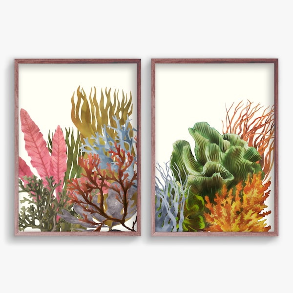 Coral print, set of 2 prints, digital print, red coral poster, vintage watercolor coral art, coastal wall art, nautical print, seaweed