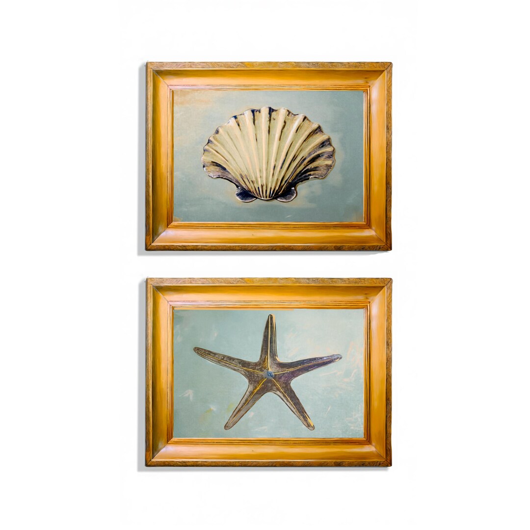 Blue Shell Ptints Blue Coastal Wall Art, Shell Prints, 2 Piece Wall Art, Blue Starfish ...