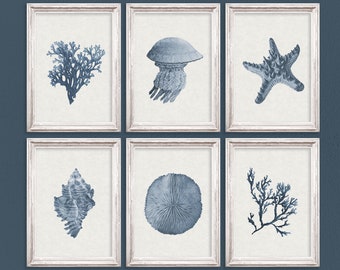 Nautical wall art, sea shell prints, gallery wall set, navy blue wall art, downloadable art prints, blue coral prints, nautical prints set