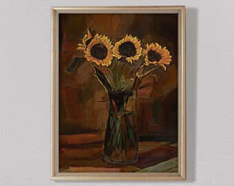 Sunflower Painting Print: Vintage Floral, Dark Academia (Digital Download)