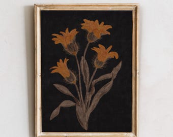 Dark Floral Print: Golden Flowers Botanical Wall Art (Digital Download)