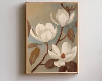 Magnolia Blossom Wall Art, Vintage Magnolia Botanical Print, White Flower Poster, Neutral Cottagecore Decor, Farmhouse Bedroom Wall Art