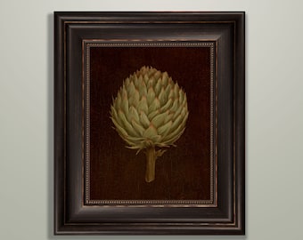 May include: A framed print of a botanical illustration of an artichoke on a dark brown background.