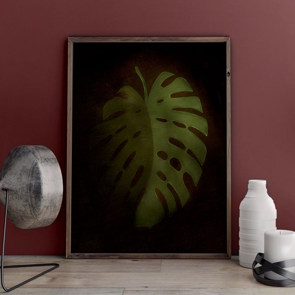 Black botanical art, monstera print, dark wall decor, plant painting, digital art prints, black background print, black abstract wall art