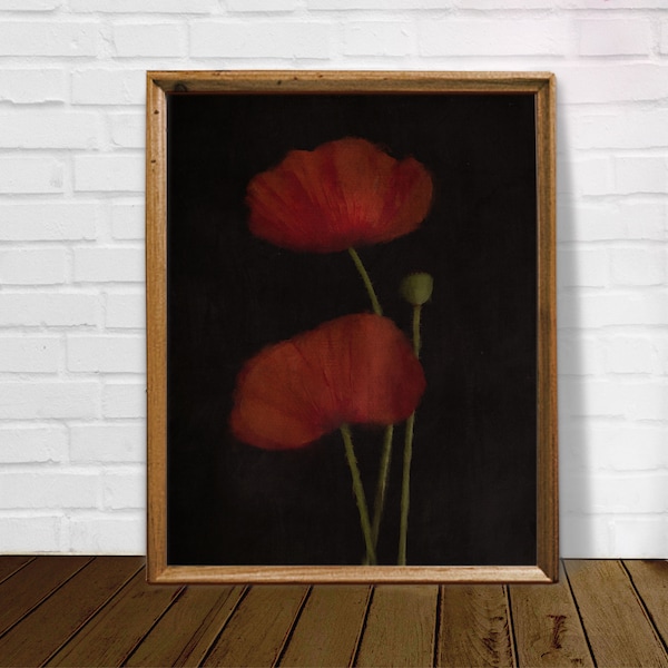 Roter Mohn Druck, dunkel florale Wandkunst, roter Blumendruck, Mohnblumendruck, schwarzer Hintergrunddruck, herunterladbare Kunstdrucke