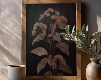 Dark Floral Wall Art, Moody Vintage Red & Black Wildflower Print, Digital Download