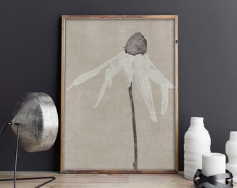 Estampado minimalista de flores blancas: Boceto botánico en tonos beige (Descarga digital)