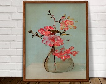 May include: A watercolor painting of a bouquet of pink flowers in a clear glass vase. The flowers are arranged in a loose, natural style, and the vase is sitting on a white table. The background is a light blue color.