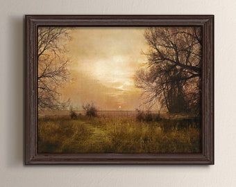 May include: A framed painting of a landscape with a sunset over a field. The painting is in a dark brown frame and features a field with trees in the foreground and a sunset in the background.