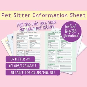 Pet Sitting Information Sheet Fillable Form Template | Instant Download | PDF PNG JPG