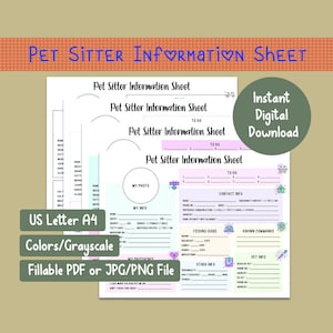 Pet Sitting Information Sheet Fillable Form Template | Instant Download | PDF PNG JPG
