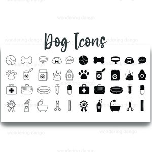 May include: A set of 36 black and white dog icons. The icons include a bone, a collar, a bowl, a paw print, a can of food, a bag of food, a poop, a fire hydrant, a first aid kit, a crate, a bed, a syringe, a pill, a medal, a bottle of shampoo, a bathtub, scissors, a ruler, and a ball.