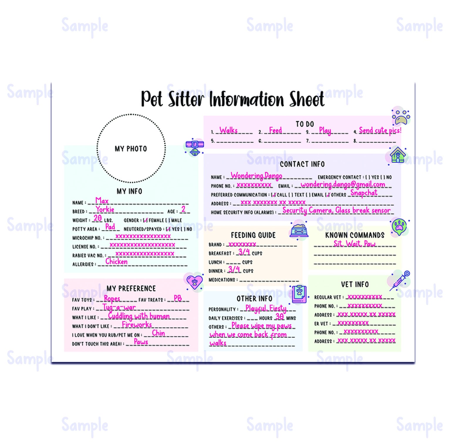 Pet Sitting Information Sheet Fillable Form Template | Instant Download | PDF PNG JPG - Etsy