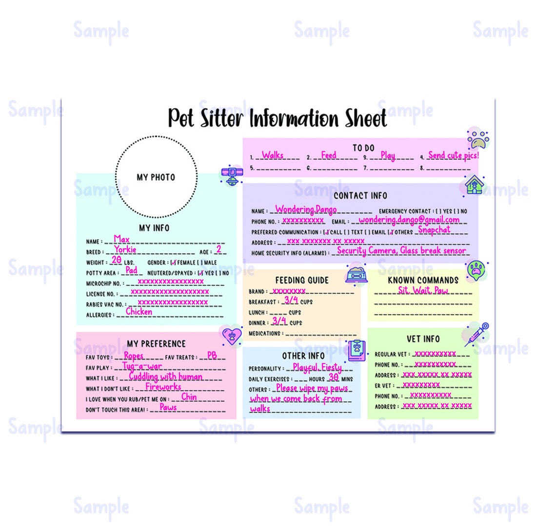 Pet Sitting Information Sheet Fillable Form Template | Instant Download | PDF PNG JPG - Etsy