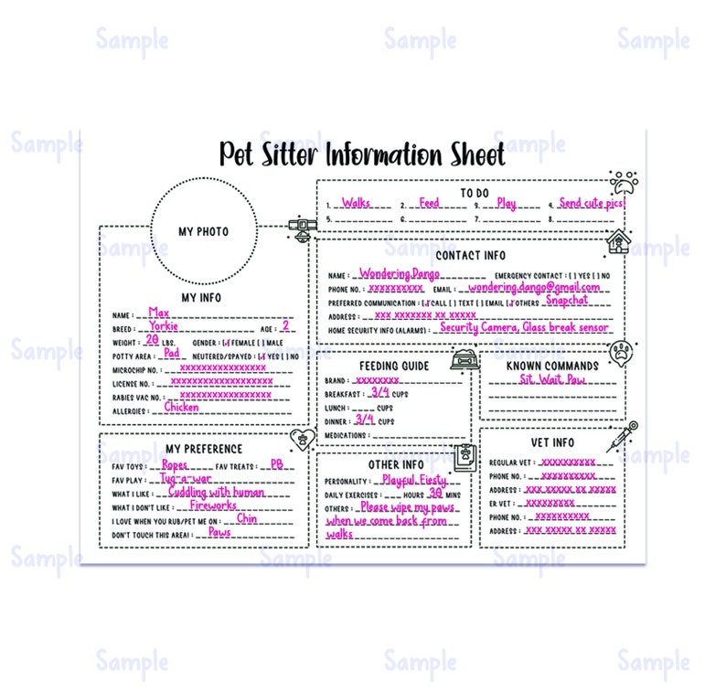 Pet Sitting Information Sheet Fillable Form Template | Instant Download | PDF PNG JPG - Etsy