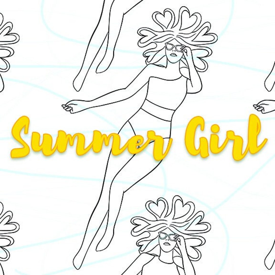 Line Drawing Outline Girl Lying Down With Heartshaped Hair in Swimsuit