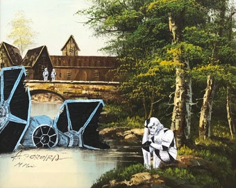 crashed tie fighter stormtrooper Star Wars fine art print of Hand painted modified thrift store landscape parody painting