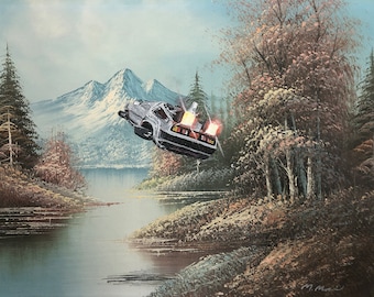 Art Print Hand painted back to the future 2 flying delorean thrift store painting landscape repurposed altered