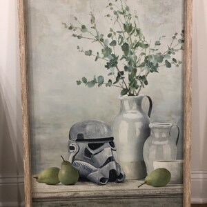 Stormtrooper helmet Star Wars flower still life hand painted modified thrift store parody painting