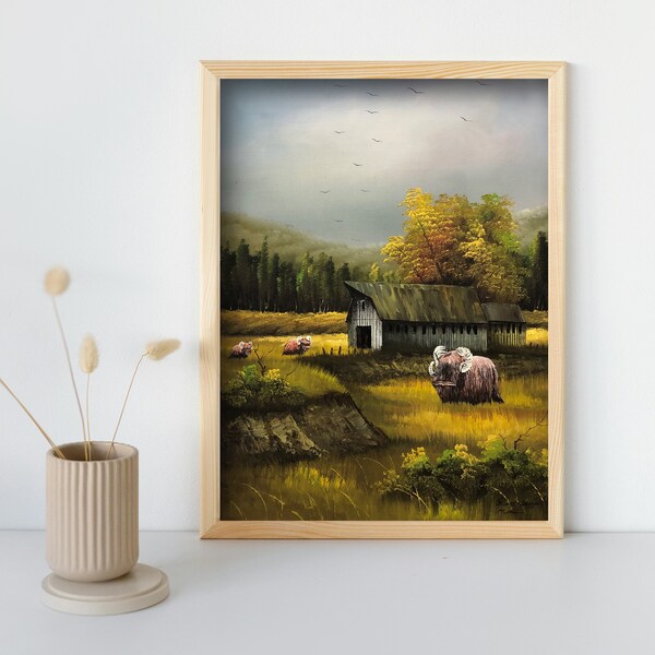 Free Range Bantha Tuscan raider Fine art print of Hand painted Star Wars thrift store upcycled parody landscape painting